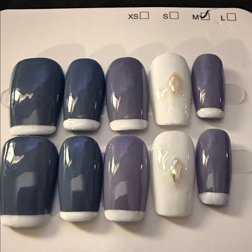 Blue and White French Tips with 3D Diamonds Press-On Nails. New. Reusable.